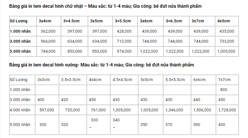 bảng giá in nhãn giấy