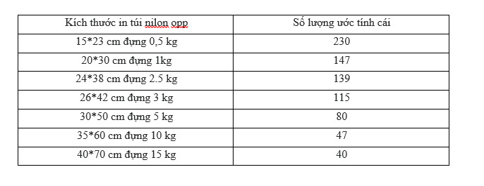 kích thước in bao túi theo yêu cầu