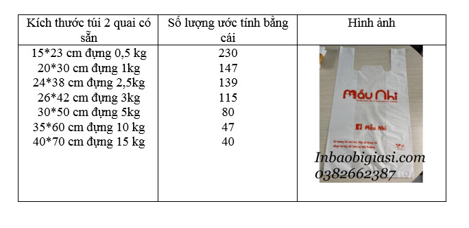 kích thước in túi ni lông 2 quai