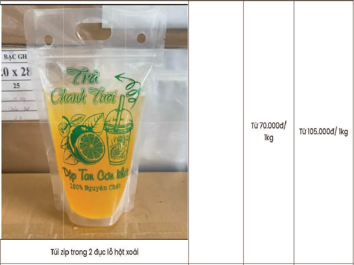 giá túi zipper đựng trà chanh