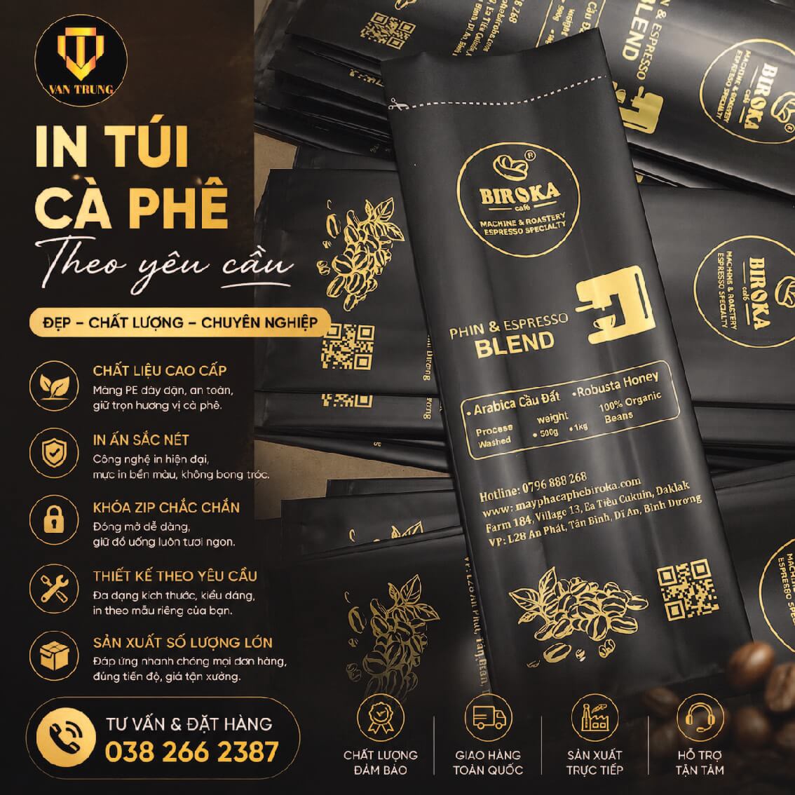 In túi zipper 8 cạnh đựng cà phê