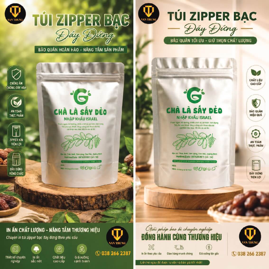 In túi zip một mặt trong 1 mặt bạc 