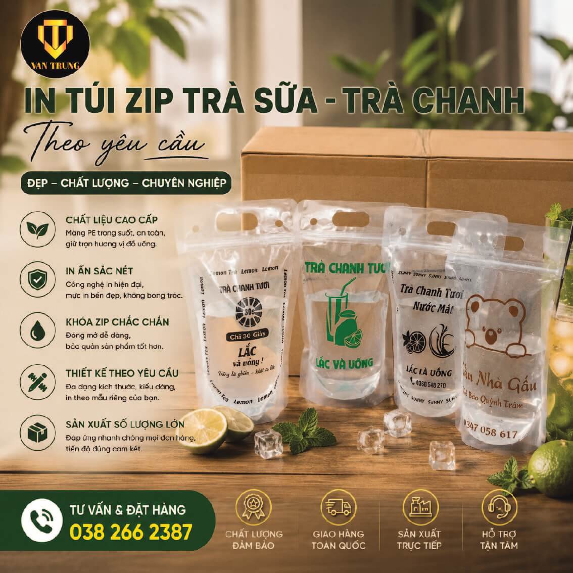 In túi zipper đựng trà chanh trà sữa