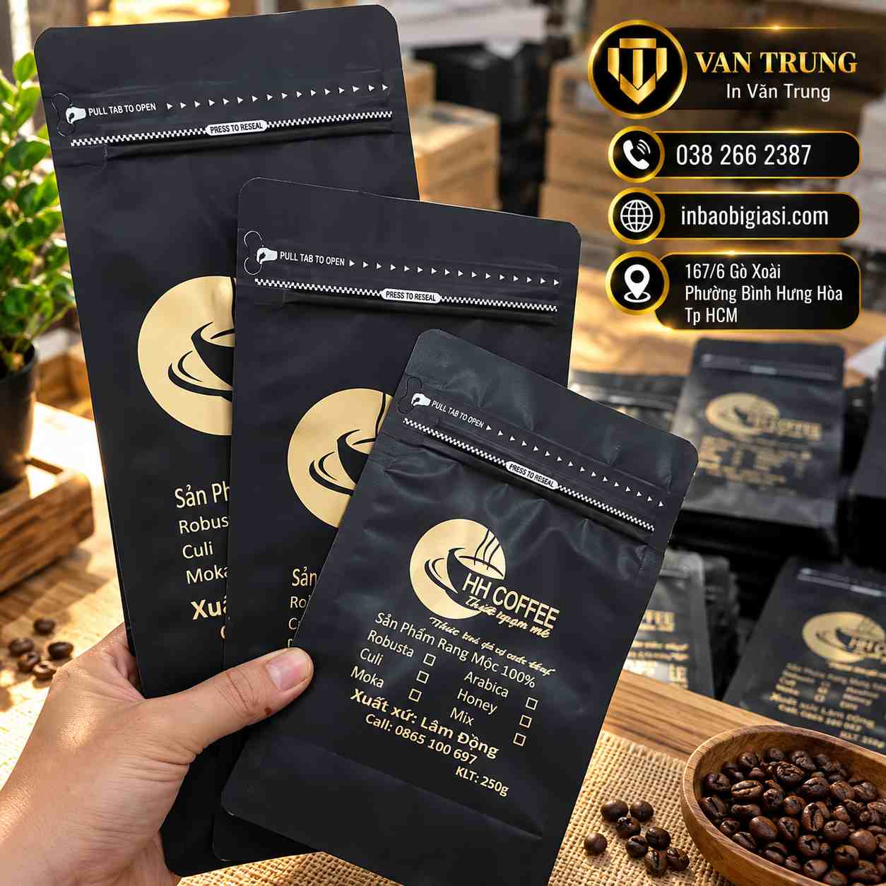 In túi zipper đựng cà phê Văn Trung